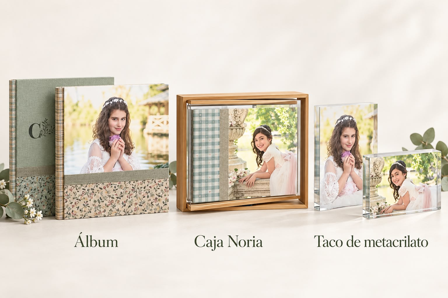 Álbum, Caja Noria y tacos de metacrilato para reportajes de Comunión