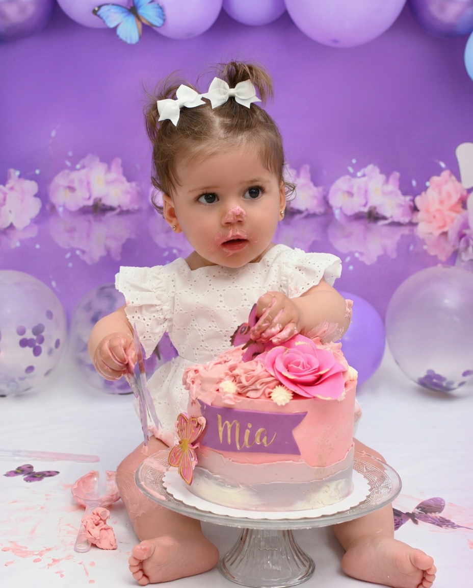 Mia celebrando su primer cumpleaños con la tarta rosa en el escenario morado del estudio